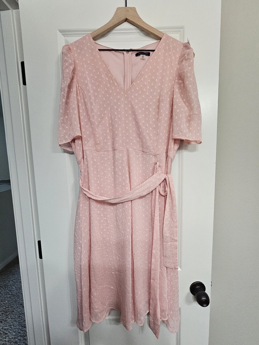 Tommy Hilfiger Light Pink Chiffon V-Neck Belted Women's Mini Dress Size 14